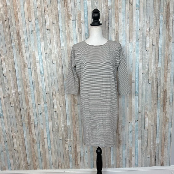 Samuji S Gray Stripe Knit Drop Shoulder 3/4 Sleeve Tunic Mini T Shirt Dress $205 - Picture 2 of 8